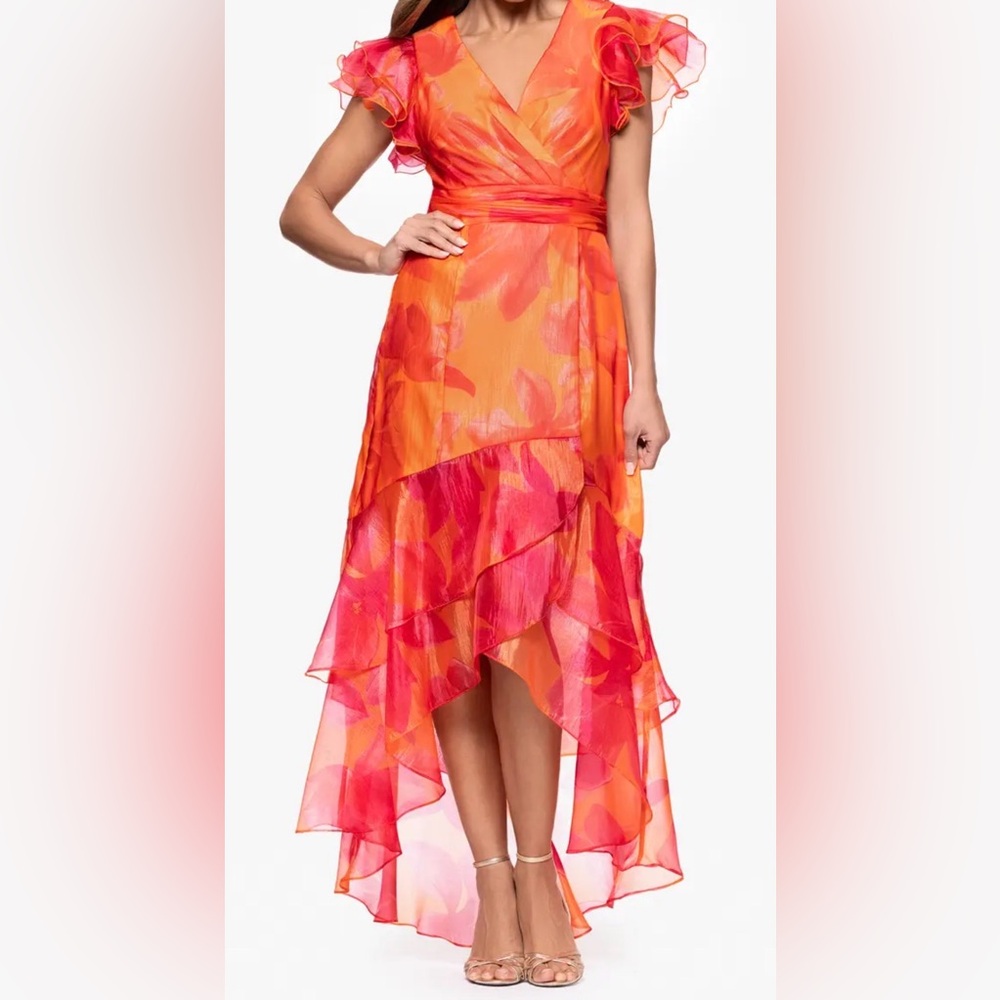XSCAPE EVENINGS "PATRICIA" Metallic Organza Floral High Low Gown Size 4